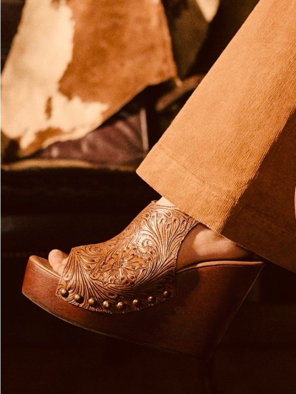 Myra Bag - Loyal West Line Amelia Hand Tooled Leather Wedge Sandals - Tan - Picture 6 of 7